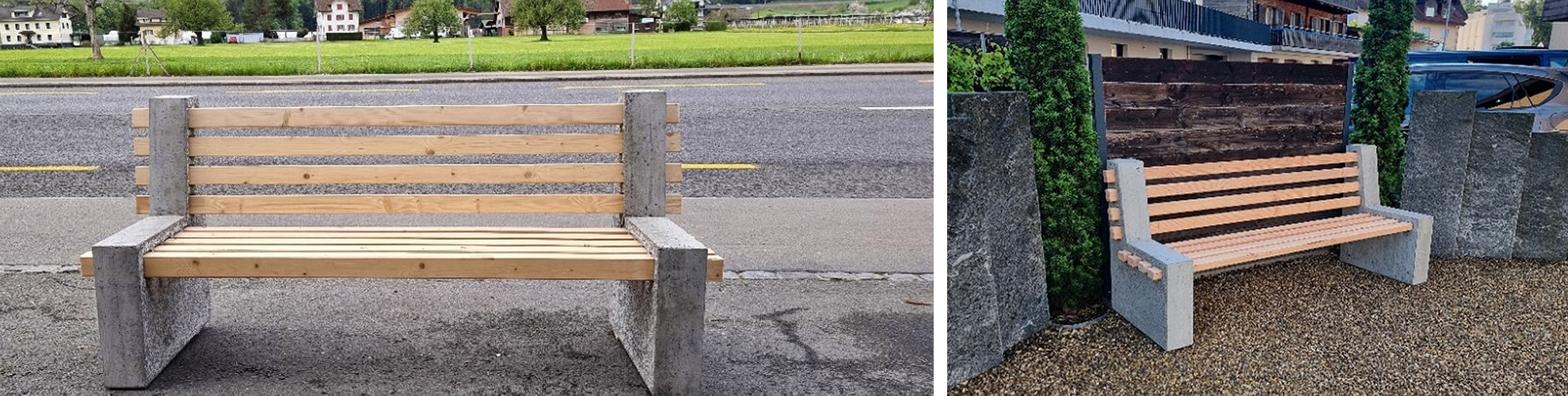 Lattenbank aus Leichtbeton mit Lehne und Holzleisten